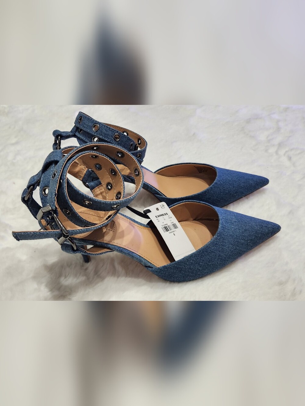 BRAND NEW Express Denim Pointed Toe Ankle Strap Pumps - Size 8